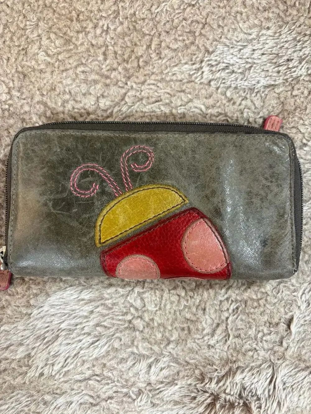 Fossil Distressed Leather Ladybug Applique Zip Around Wallet